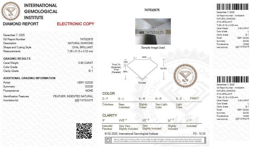 1 pcs Gyémánt (Természetes) - 0.90 ct - Ovális - L - SI1 - Nemzetközi Gemmológiai Intézet (IGI) #2.1