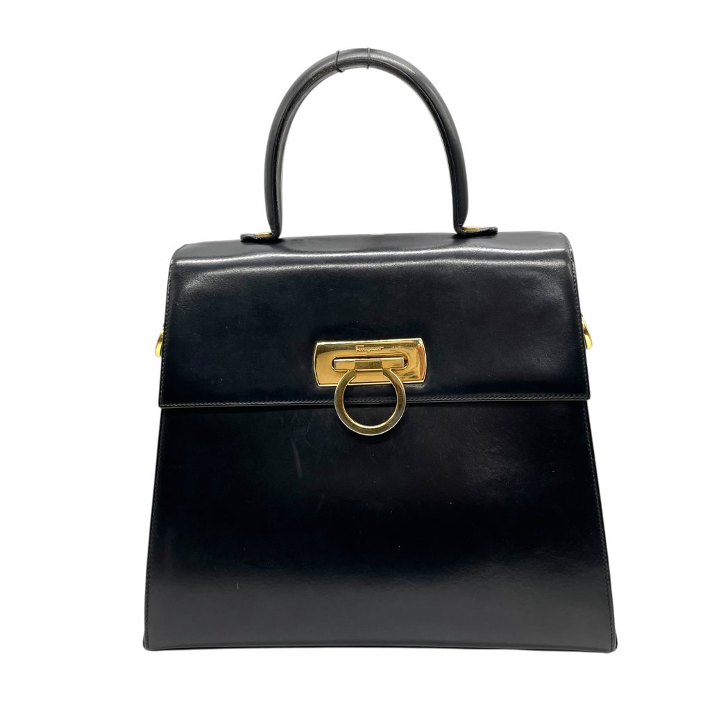 Salvatore Ferragamo - Vintage Gancini Structured Top Handle Formal Handbag in Black Calfskin Leather with Gold-Tone - 手提包 #1.0