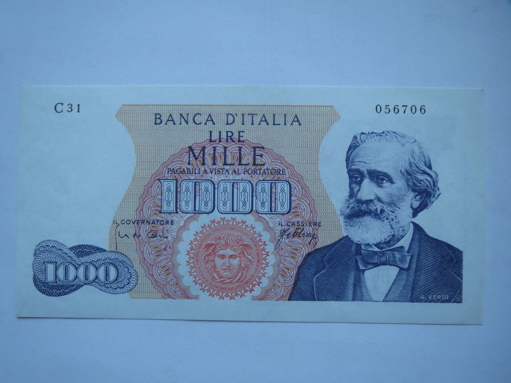 Italy. - 1.000 Lire 1966 "Verdi" 1° Tipo - Gigante BI 55E; Pick 96 #4.3