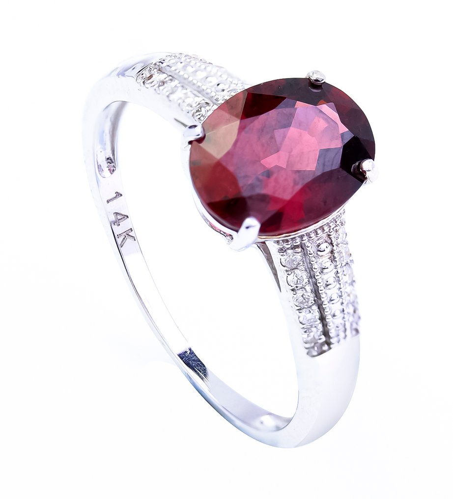 没有保留价 - 戒指 - 14K包金 白金 石榴石 - 钻石 #3.2