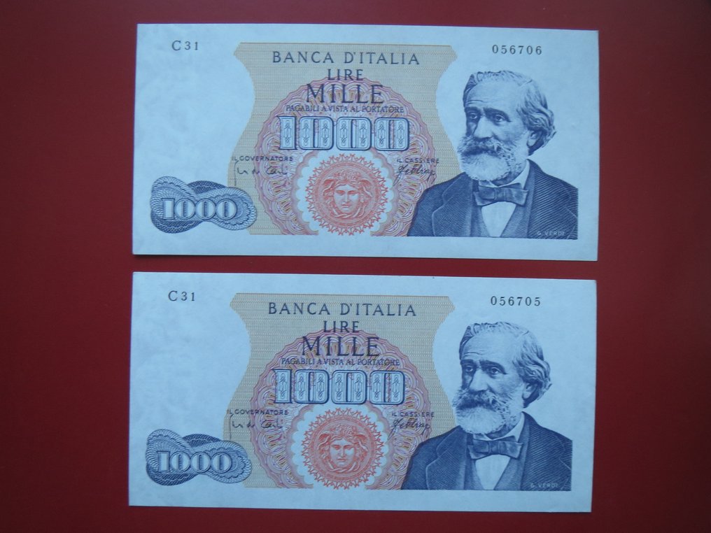 Italy. - 1.000 Lire 1966 "Verdi" 1° Tipo - Gigante BI 55E; Pick 96 #1.0