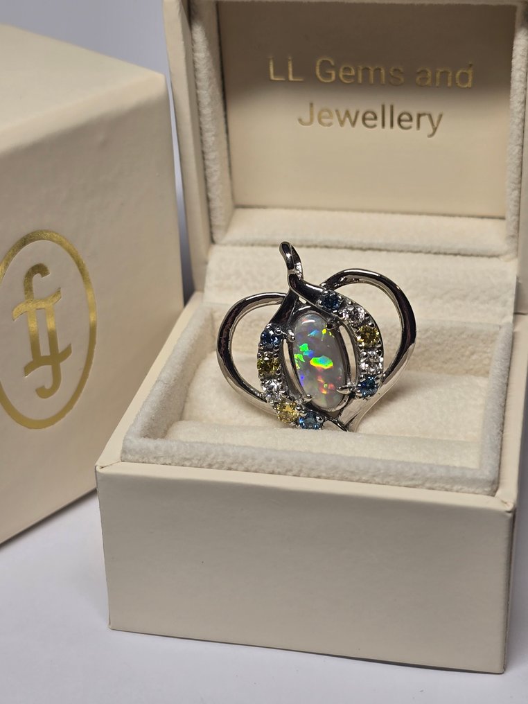 徽章吊坠 白金 蛋白石 - 钻石 - 纯正澳大利亚欧泊 #4.3