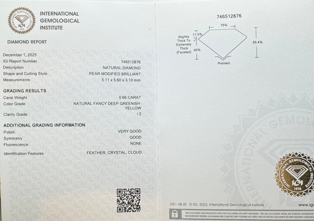Zonder minimumprijs - 1 pcs Diamant (Natuurlijk gekleurd) - 0.66 ct - Peer - Fancy deep Groenachtig Geel - P2 - International Gemological Institute (IGI) #2.1