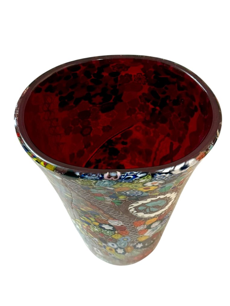 Váza - Murrine Millefiori - Murano üveg - Rosso con Argento #3.2