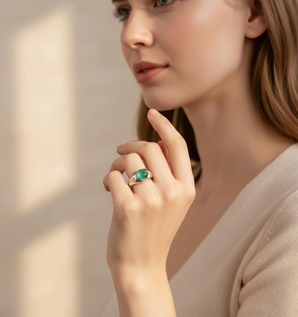 Ingen mindstepris - Ring - 18 kraat Gulguld, Sølv - 1.08ct. tw. Smaragd - Diamant #4.3