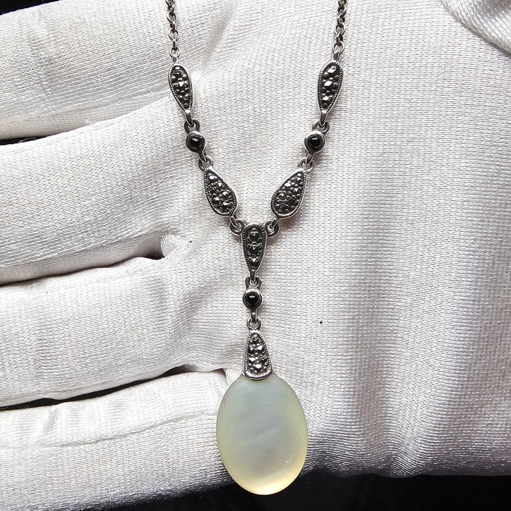 Argento, Argento sterling 925, onice nero e madreperla. - Collana con ciondolo - Art Deco Geometrico #4.3