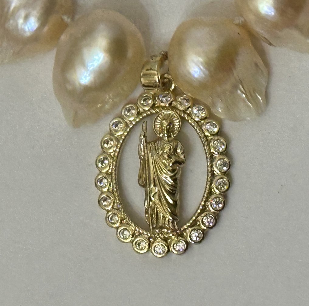 Perle rosa morbide barocche con San Judas. Protezione di tutti i santi. - Collana con ciondolo - Alta qualità. Argento 925 #1.0