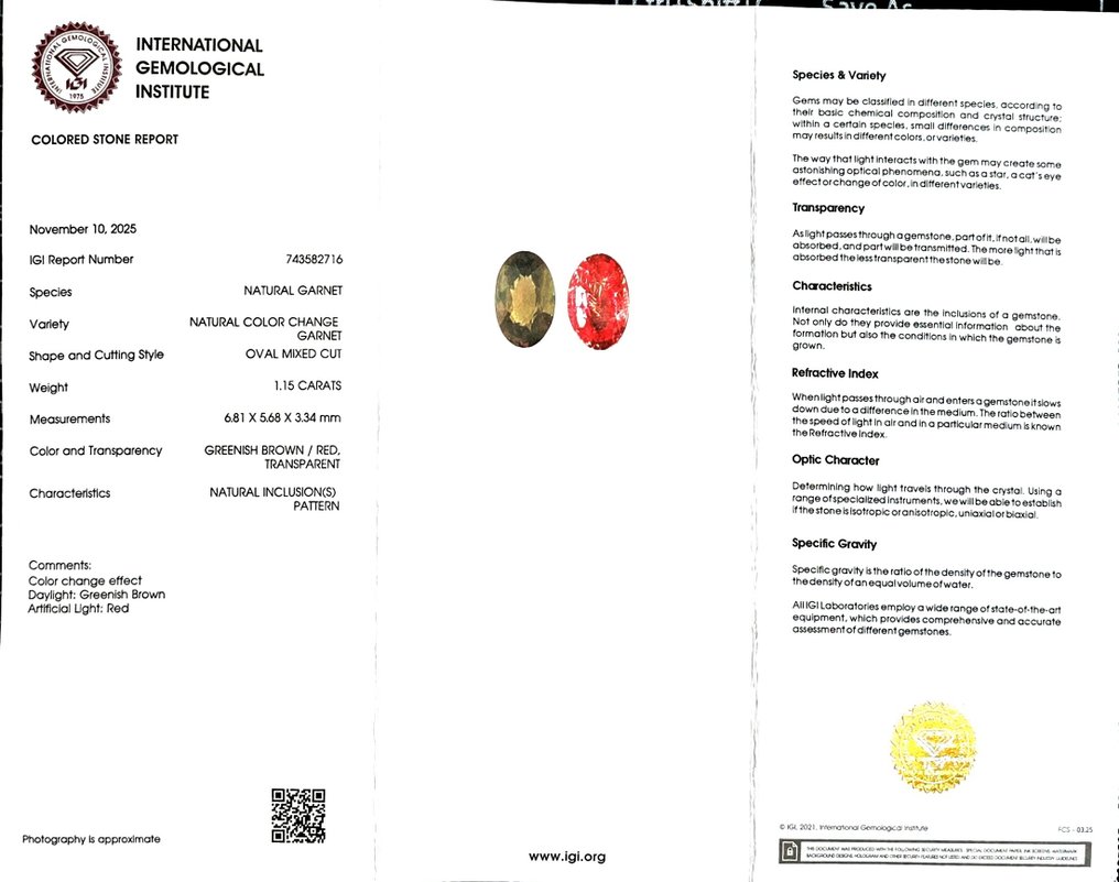 No reserve price Garnet - 1.15 ct - International Gemological Institute (IGI) - 100%Color Change #2.1