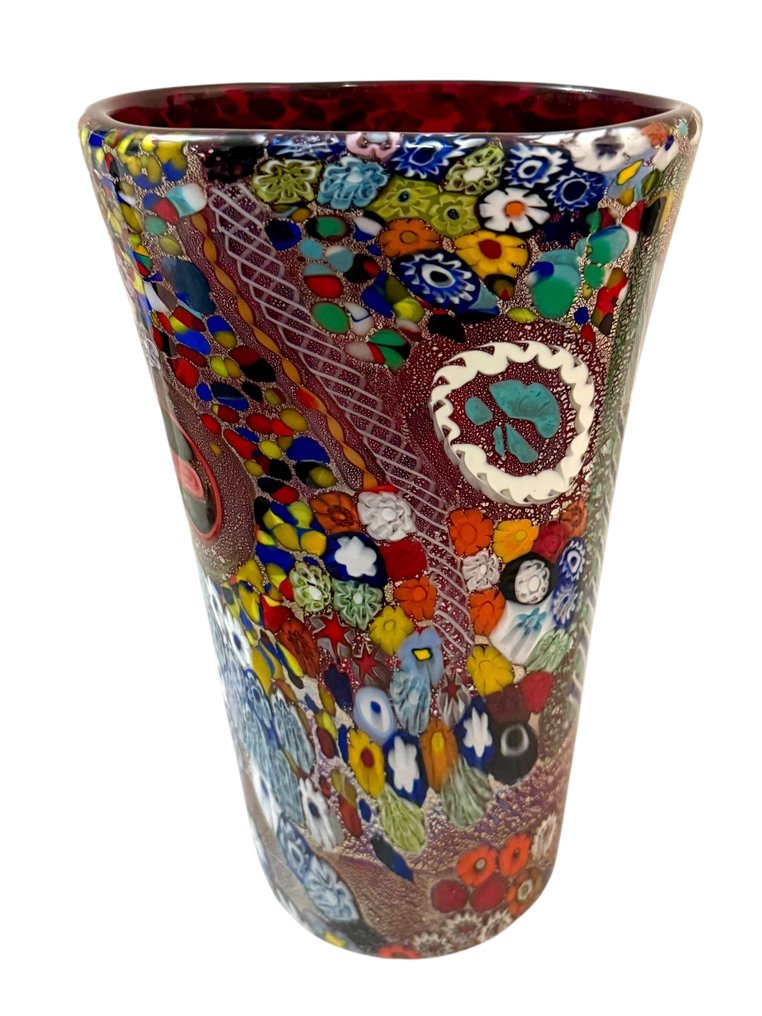 Váza - Murrine Millefiori - Murano üveg - Rosso con Argento #1.0