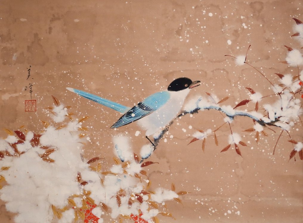 Winter scenery - Nandina domestica and Small Bird in the snow - hanging scroll - Handpainted on paper - Biho 美峰 - Japan - Shōwa period (1926-1989) #3.2