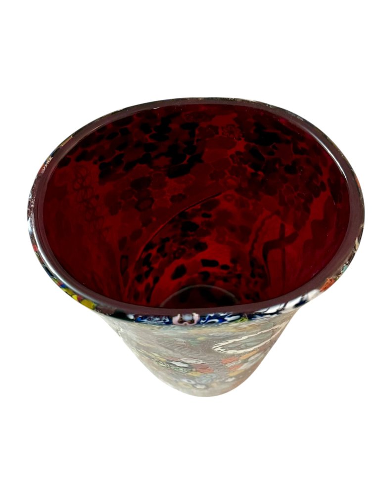 Váza - Murrine Millefiori - Murano üveg - Rosso con Argento #4.3