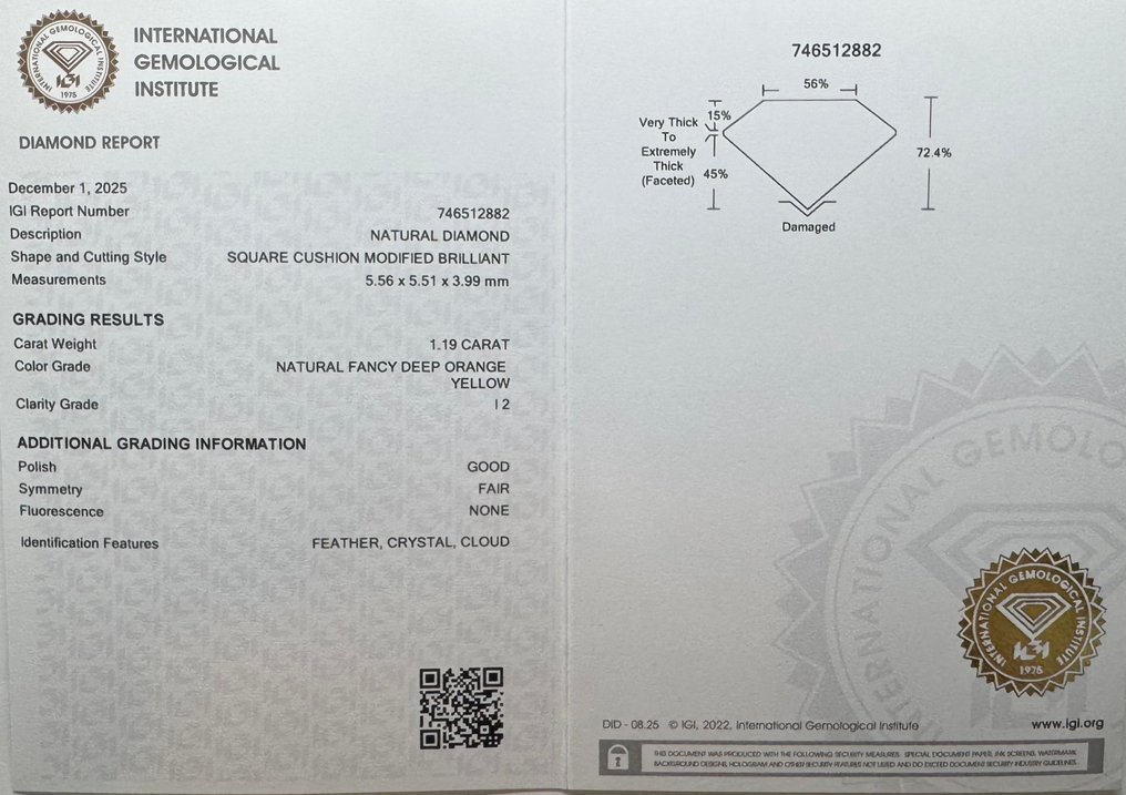 No reserve price - 1 pcs Diamond (Natural coloured) - 1.19 ct - Cushion - Fancy deep Orange Yellow - I2 - International Gemological Institute (IGI) #2.1
