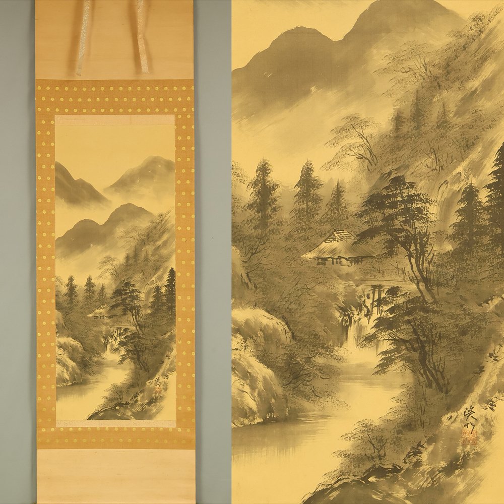 Suiboku Ink Landscape Sansui Mountains Rivers and Country House - with signature and seal 'Keisui' 渓水 - Giappone (Senza prezzo di riserva) #1.0