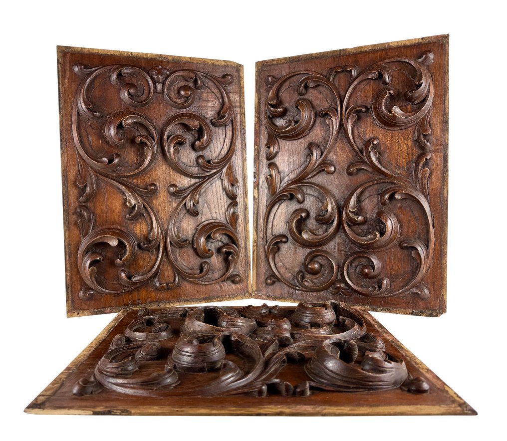 墙面装饰 - 三块装饰用的雕刻木质面板 - 法国 - Fleur de Lys，高浮雕 #1.0