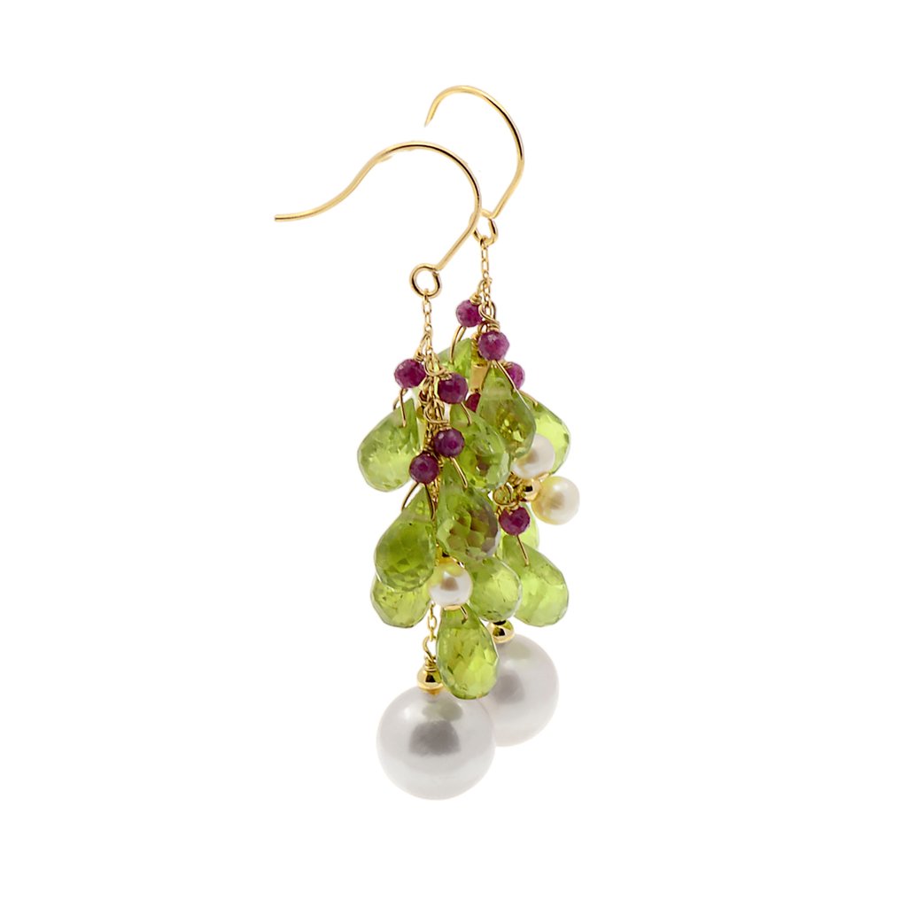 Sans prix de réserve - Boucles d'oreilles - 18 carats Or jaune Perle - Péridot - Ruby #2.1