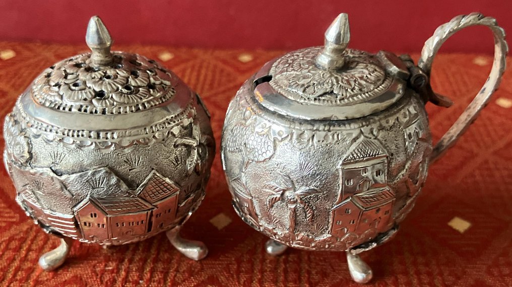 Antiek Chinese 2e gehalte zilveren strooier en mosterdpot ca. 1920 - Słoik (2) - ZII gemerkt (2e gehalte) #1.0