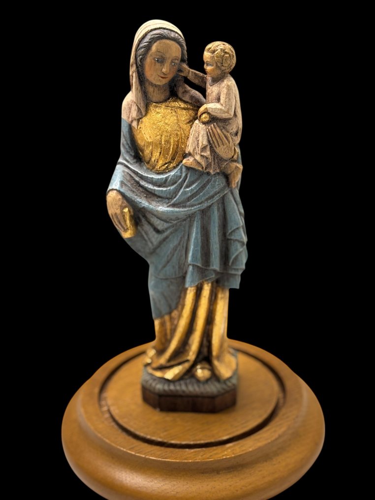 Figură - Maria cu Pruncul Iisus sub stâlp - 24 cm - Lemn - secolul al XX-lea #1.0