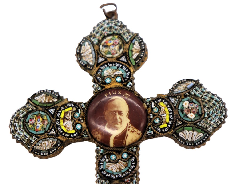 古董 (十字架状)耶稣受难像 - 黄铜 - 1910-1920 - 微马赛克十字架  #1.0