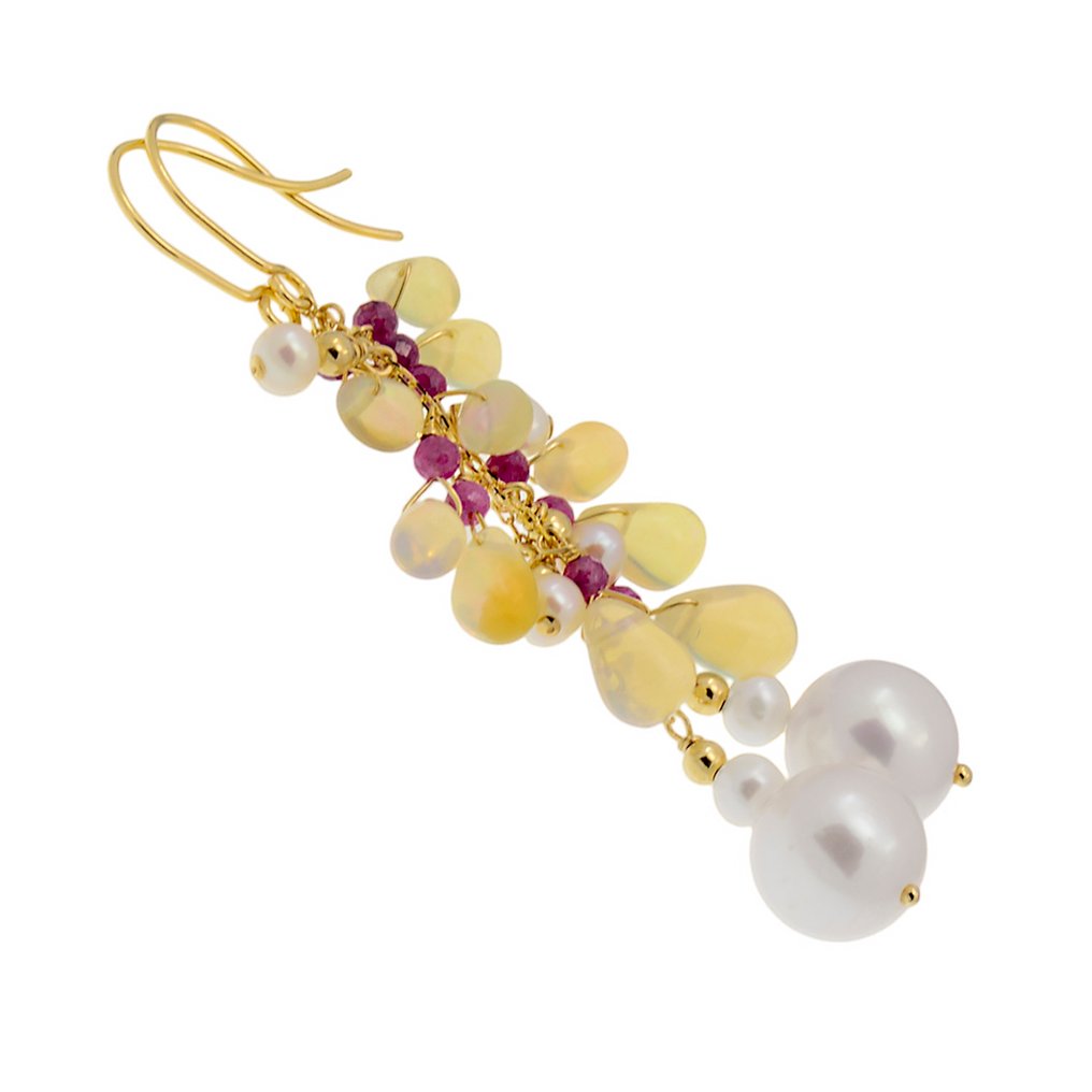 Nincs minimálár - Drop fülbevaló - 18 kt. Sárga arany Gyöngy - Opál - Ruby #2.1