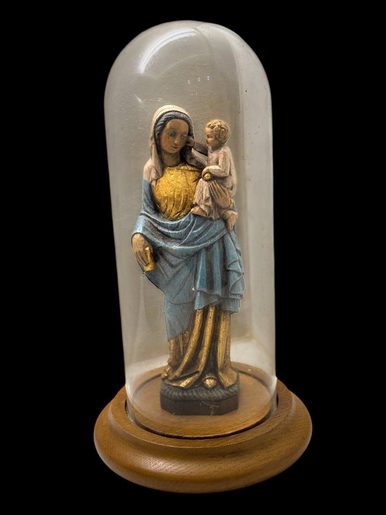 Figură - Maria cu Pruncul Iisus sub stâlp - 24 cm - Lemn - secolul al XX-lea #2.1