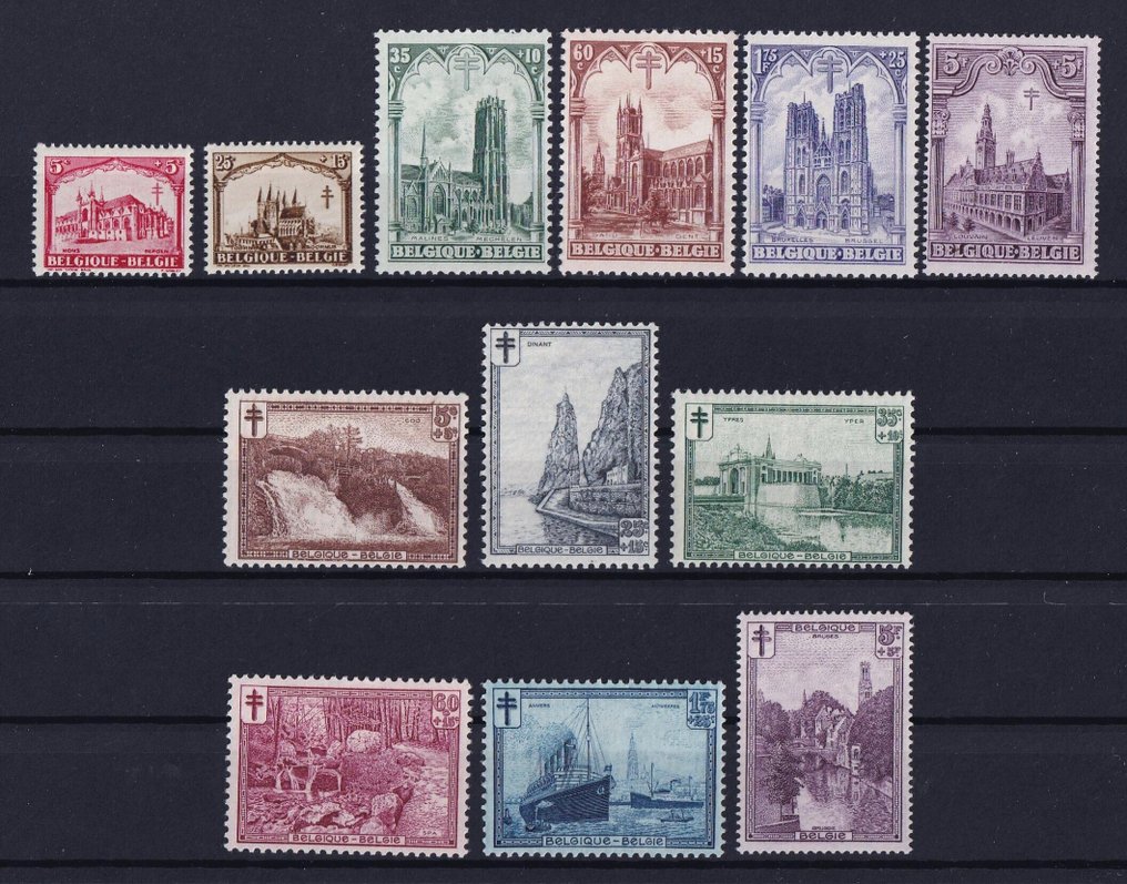 比利時 1928/1932 - 4 系列 POSTFRIS:大教堂、风景、城堡和气球 Piccard - OBP/COB 267/72, 293/98, 308/14, 353/55 #1.0