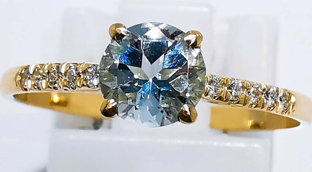 Sans prix de réserve - Bague - 14 carats Or jaune - 0.45ct. tw. Aigue-marine - Diamant #1.0