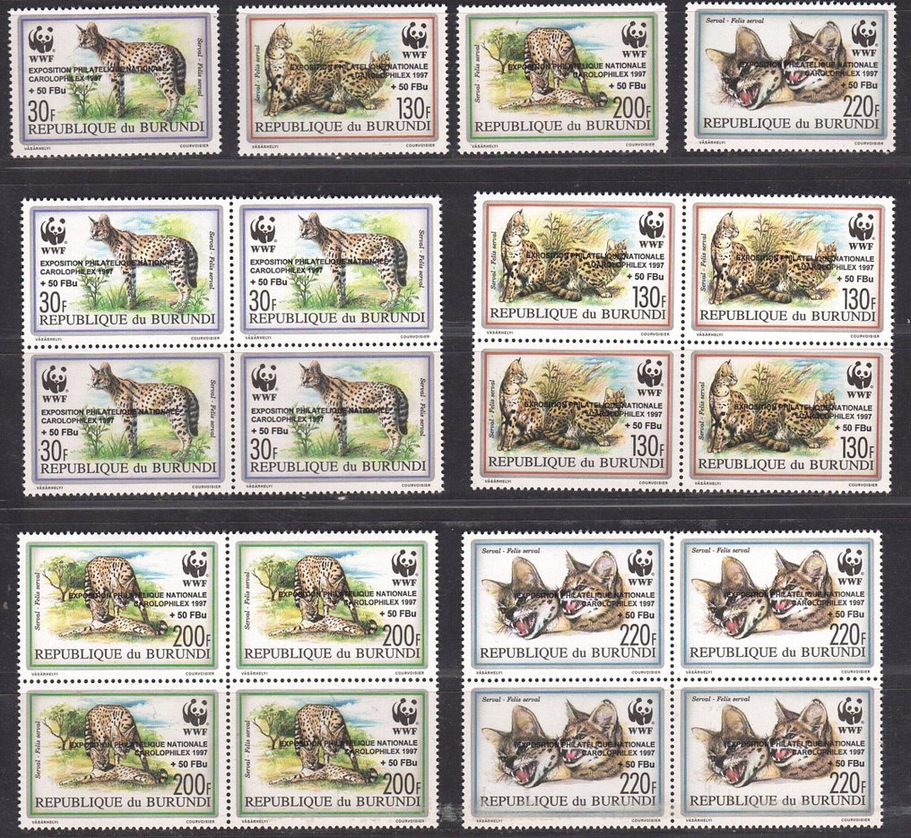 布隆迪 1997 - WWF 票据，印有“Exposition philatelique Netionale Carolophilex 1997”的字样，附加邮资，散装出售。 - OBP: 1006a/1009a #1.0