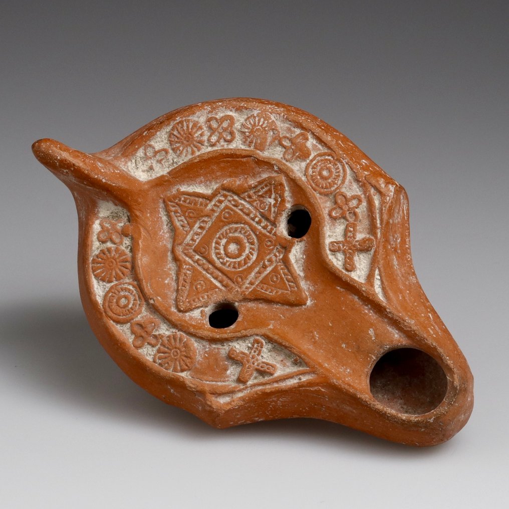 Romain tardif / protobyzantine Terre cuite Lampe à huile Chrétienne - 126 mm #1.0