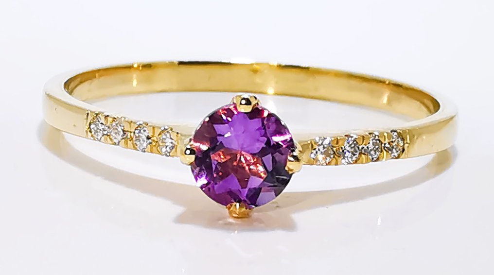 Zonder minimumprijs - Ring - 14 karaat Geel goud - 0.45ct. tw. Amethist - Diamant #1.0