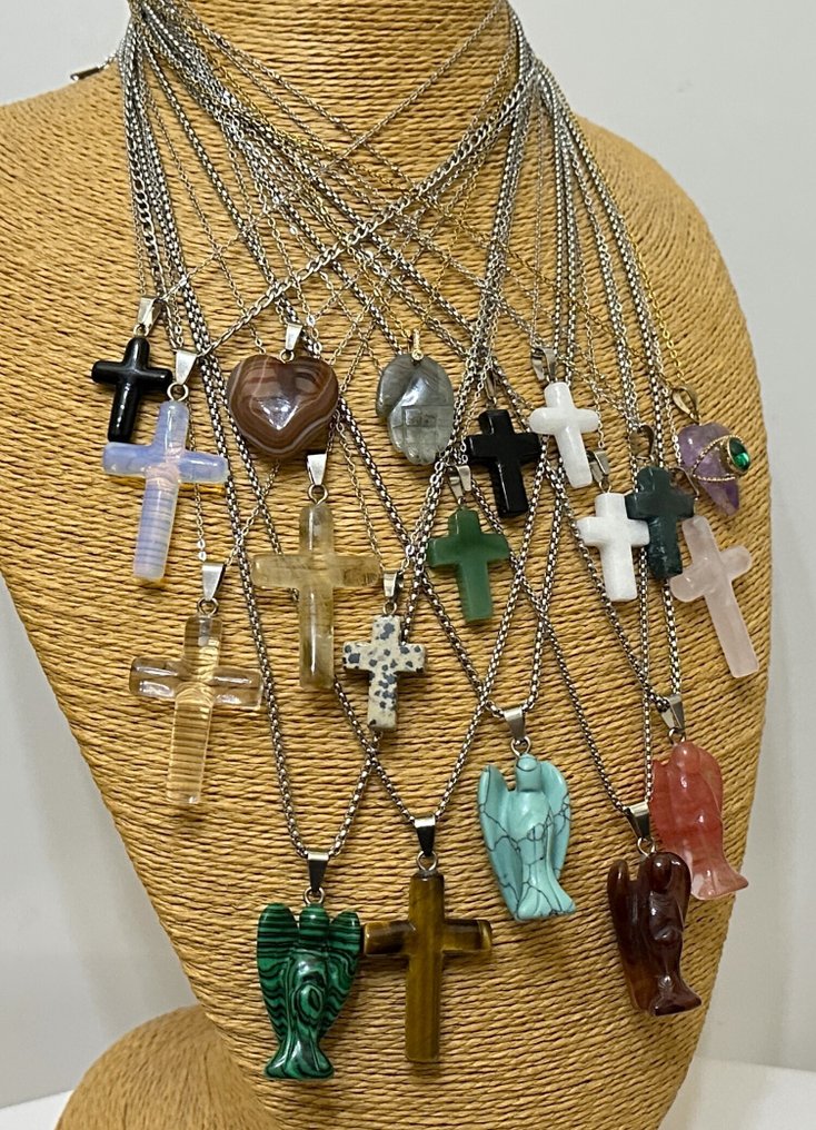 19个宗教护符：十字架、拉丁十字架、守护天使、法蒂玛之手 - 墜飾 - 天然石材 + 鏈條 #2.1