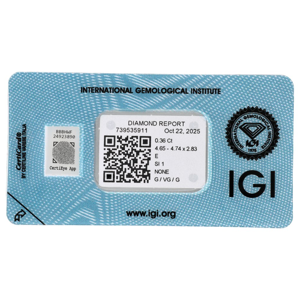 No reserve price - 1 pcs Diamond  (Natural)  - 0.36 ct - Round - E - SI1 - International Gemological Institute (IGI) #2.1