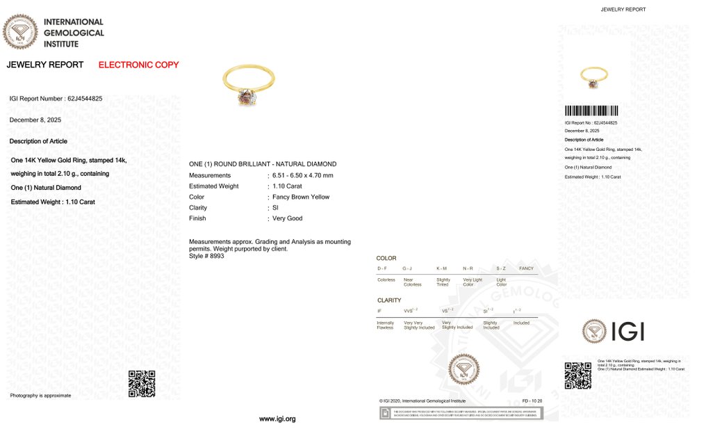 Zonder minimumprijs - Ring - 14 karaat Geel goud - 1.10ct. tw. Diamant (Natuurlijk gekleurd) #2.1