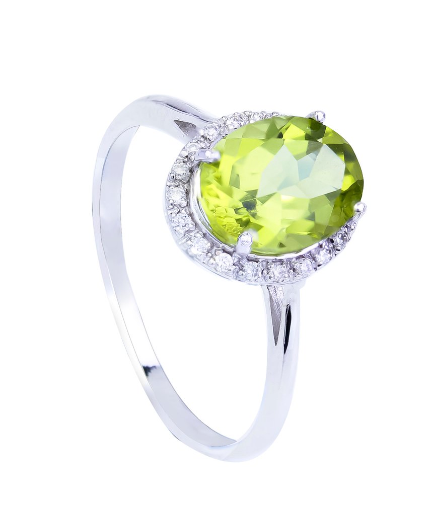 Zonder minimumprijs - Ring - 14 karaat Witgoud Olivijn - Diamant #1.0