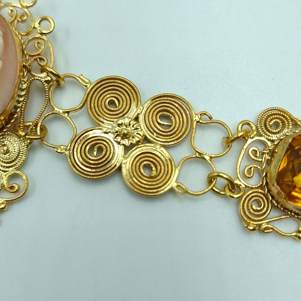 沒有保留價 - 手鈪 銀, 鍍金 -  72.00ct. tw. 紅玉髓 - 黃玉 - Cameo Antico Dorato #2.1