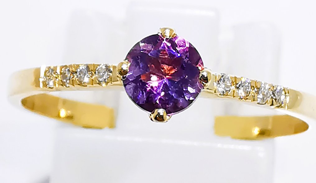Zonder minimumprijs - Ring - 14 karaat Geel goud - 0.45ct. tw. Amethist - Diamant #1.0