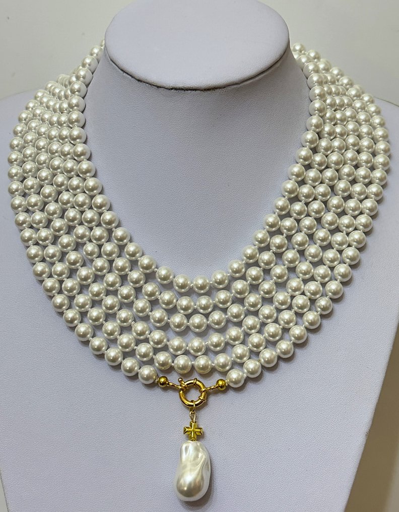 超级长款白色母珠项链和血石希腊十字。圣人保护者。 - 吊墜頸鏈 - 高品质 925 银。 #1.0