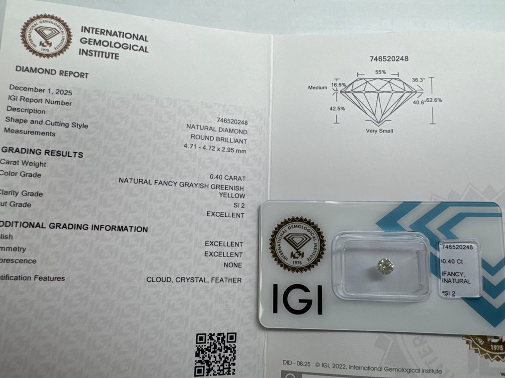 No reserve price - 1 pcs Diamond (Natural coloured) - 0.40 ct - Round - Fancy Greyish, Greenish, Yellow - SI2 - International Gemological Institute (IGI) #1.0