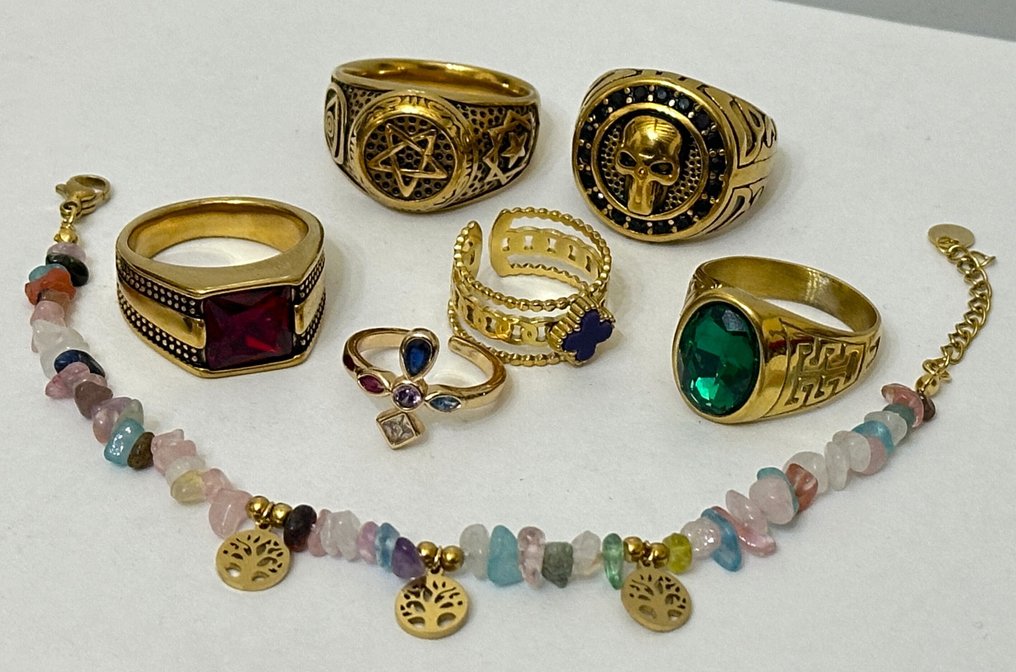 6个宗教戒指,带有拉丁十字架、David星、骷髅和魔法水晶。 - 戒指 - 低过敏性金属 #1.0