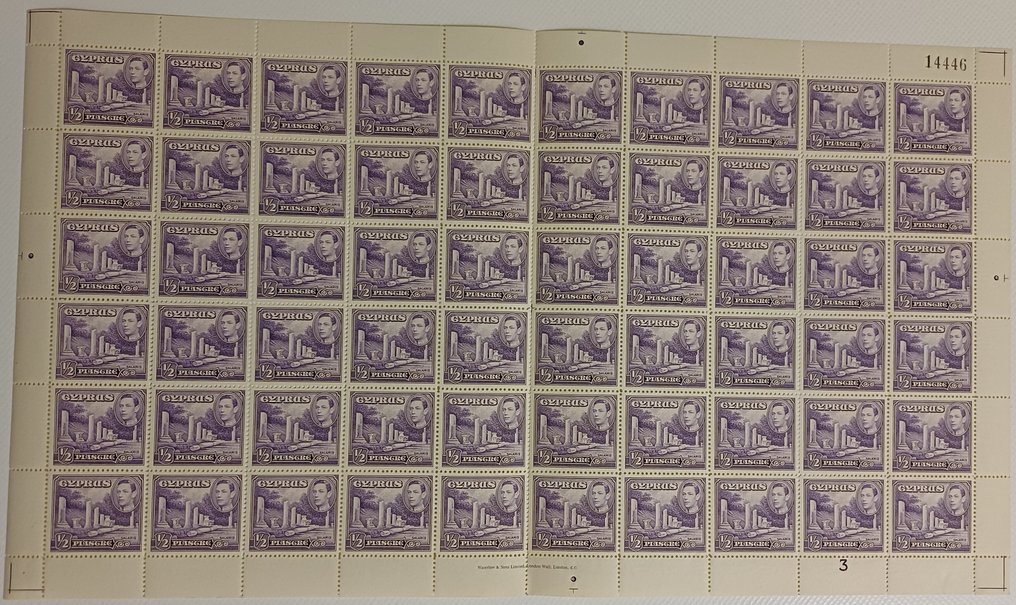 Cipro 1938/1938 - Cipro 1938 Definitivi 1/4 piastre e 1/2 piastre viola, francobolli MNH in fogli completi da 60 - Stanley Gibbons No 151 7 152a #3.2