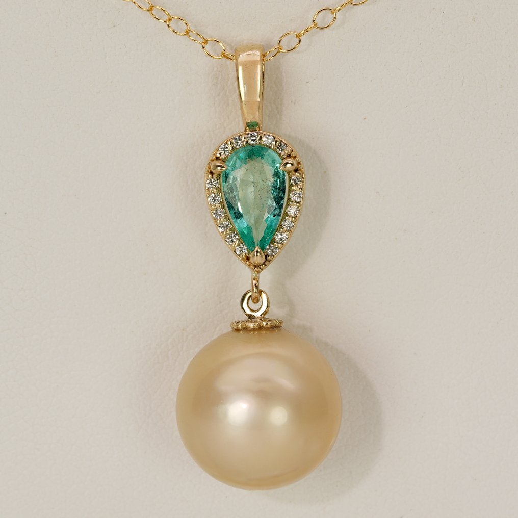 Zonder minimumprijs - Hanger - 14 karaat Geel goud Smaragd - Diamant - Smaragden & Diamanten, SSP #3.2