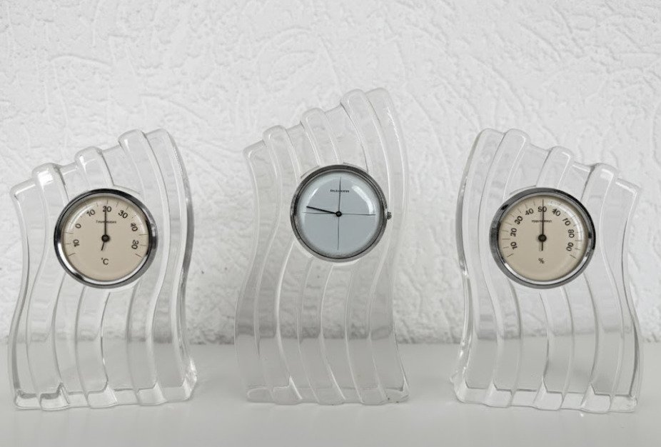 Glasfabriek Leerdam - Siem van der Marel - Γλυπτό, Set Royal Leerdam clock, thermometer & hygrometer - 13 cm - Κρύσταλλο #1.0