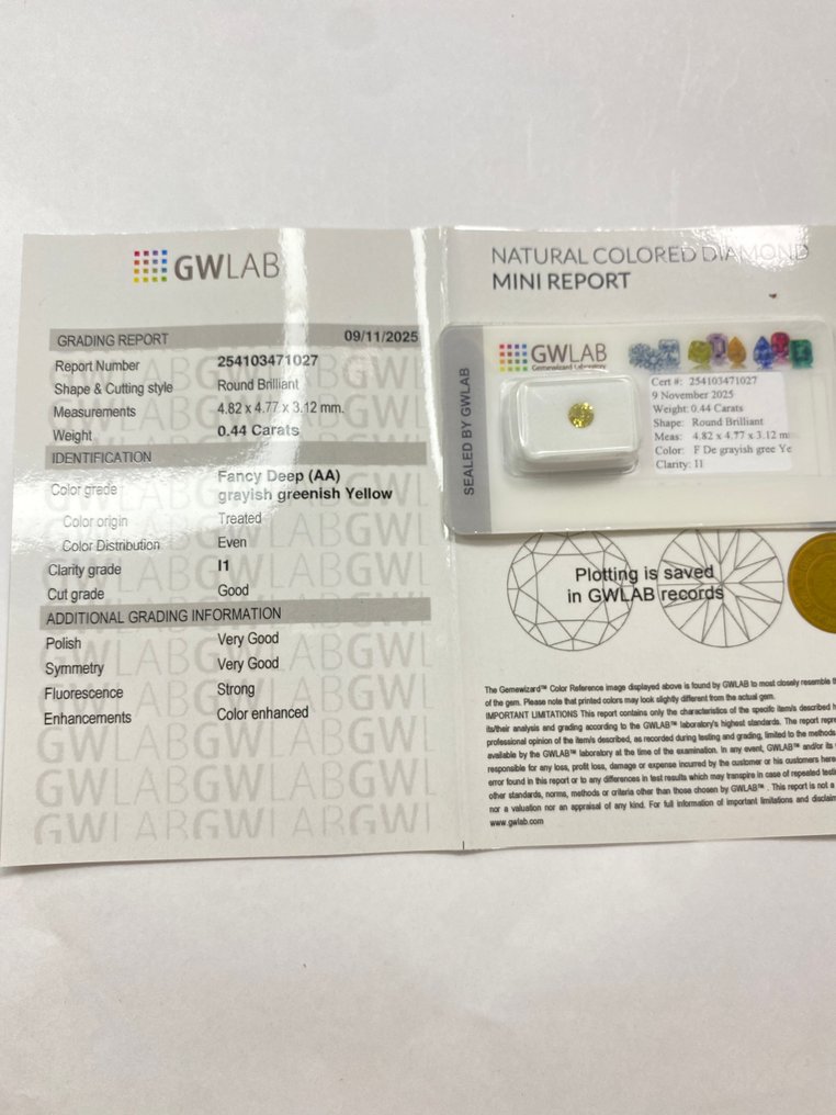 Nincs minimálár - 1 pcs Gyémánt  (Színkezelt)  - 0.44 ct - Kerek - Fancy deep Zöldes, Sárga, Szürkés - I1 - Gemewizard Gemmológiai Laboratórium (GWLab) #4.3