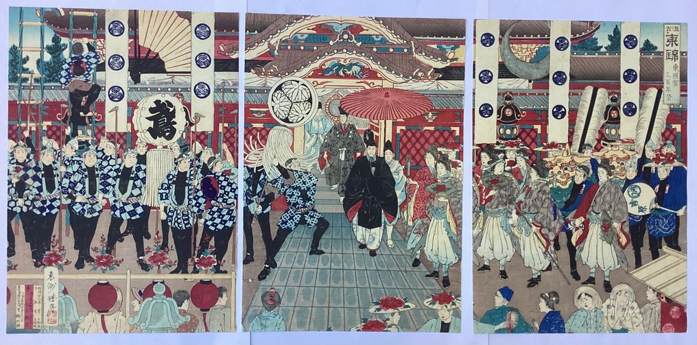 Triptych, "Eastern Brocade: Three Hundred-Year Celebration of the Toshogu" 東錦東照宮三百年祭 - Kojima Shōgetsu 小島勝月 (act ca 1870-1904) - 日本 - 明治時期(1868-1912) #4.3
