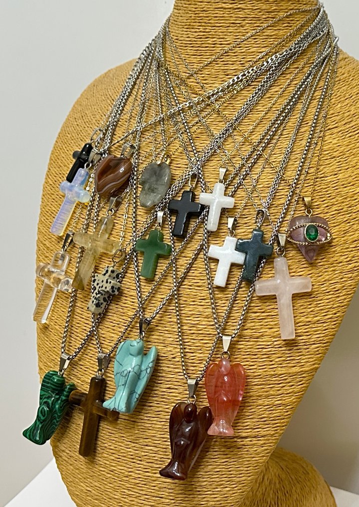 19个宗教护符：十字架、拉丁十字架、守护天使、法蒂玛之手 - 墜飾 - 天然石材 + 鏈條 #1.0