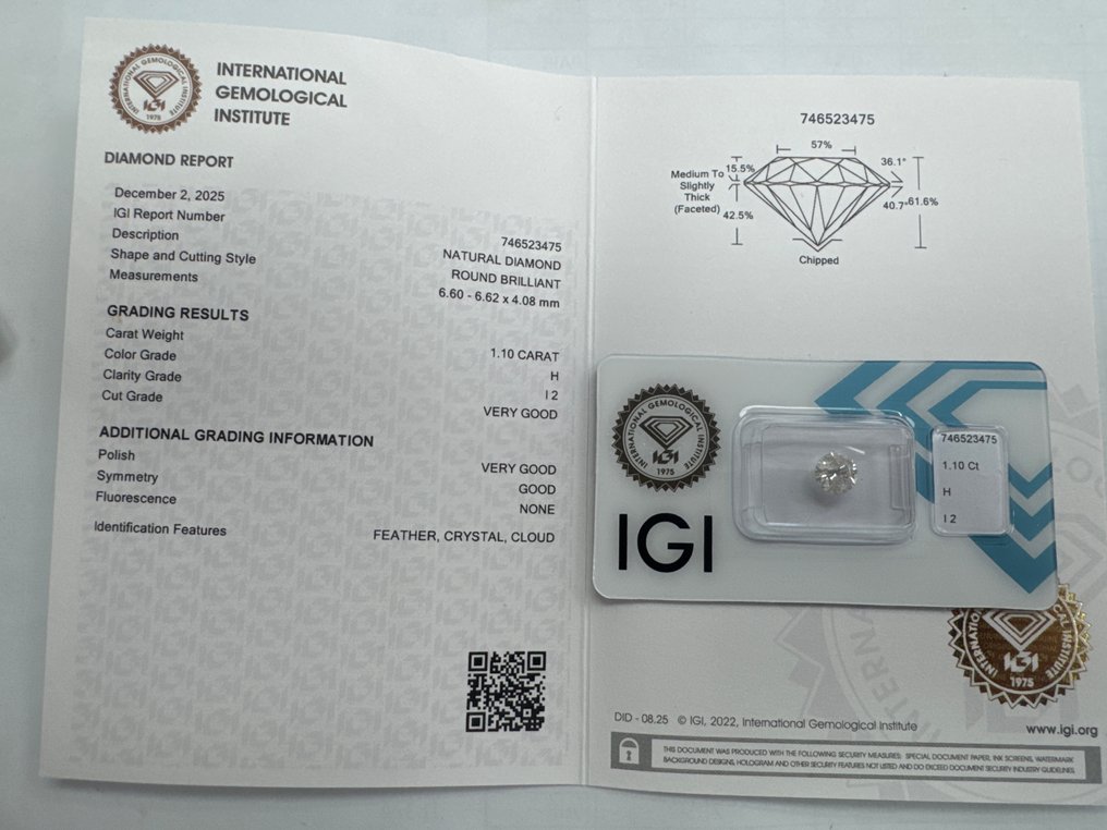 Zonder minimumprijs - 1 pcs Diamant (Natuurlijk) - 1.10 ct - Rond - H - P2 - International Gemological Institute (IGI) #2.1