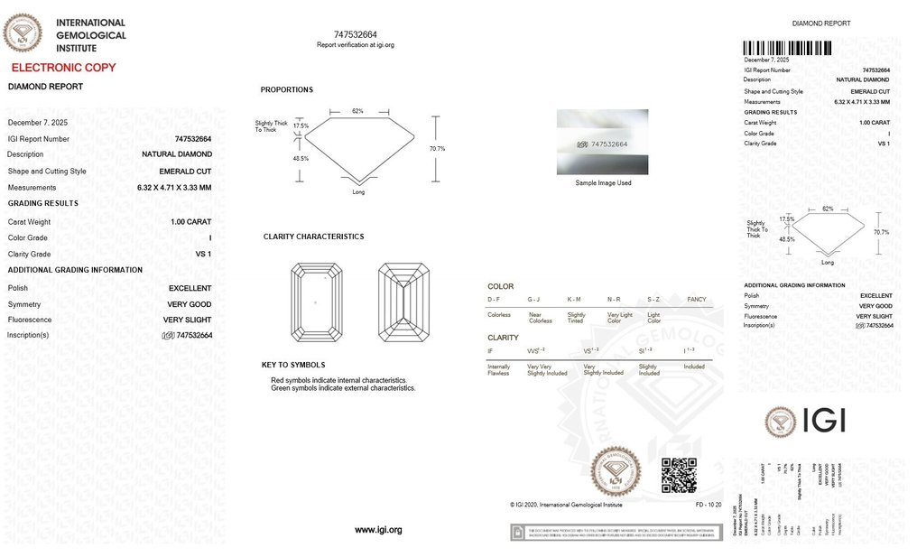 1 pcs Diamant (Natuurlijk) - 1.00 ct - Smaragd - I - VS1 - International Gemological Institute (IGI) #2.1