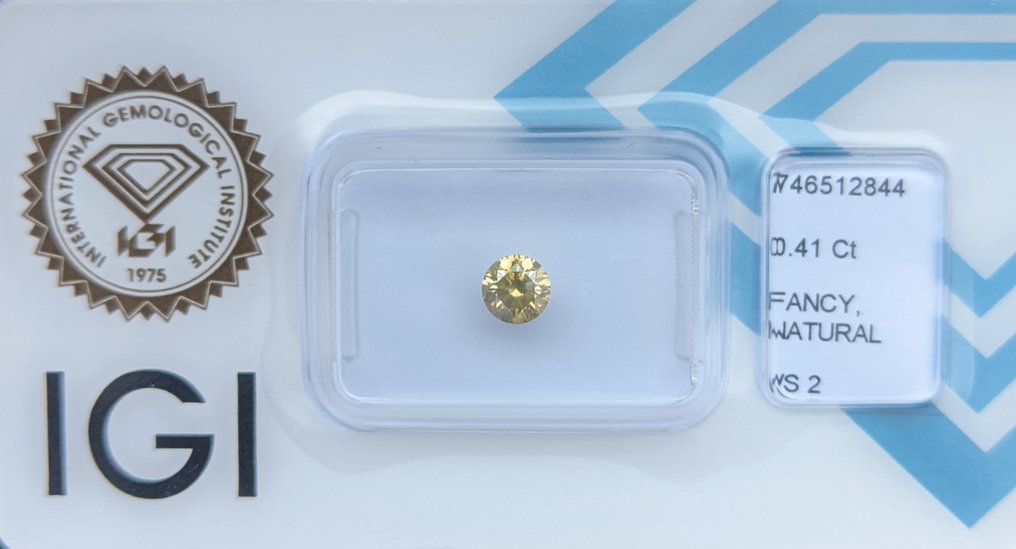 Sem preço de reserva - 1 pcs Diamante (Colorido natural) - 0.41 ct - Redondo - Fancy intense Acastanhado, Esverdeado Amarelo - VS2 - International Gemological Institute (IGI) #2.1