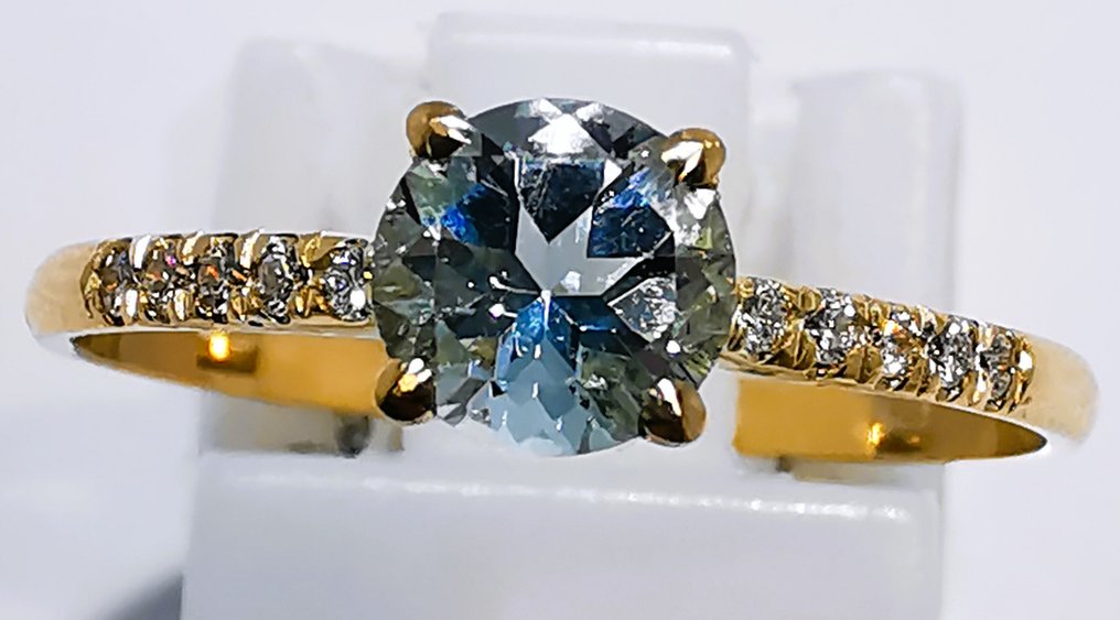 Sans prix de réserve - Bague - 14 carats Or jaune - 0.45ct. tw. Aigue-marine - Diamant #3.2