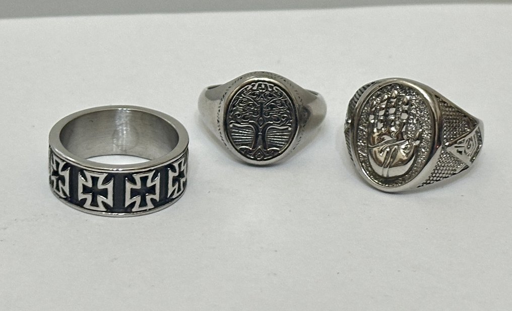 3个宗教戒指,带有马耳他十字;生命树;展开的棕榈叶 - 戒指 - 低过敏性金属 #1.0