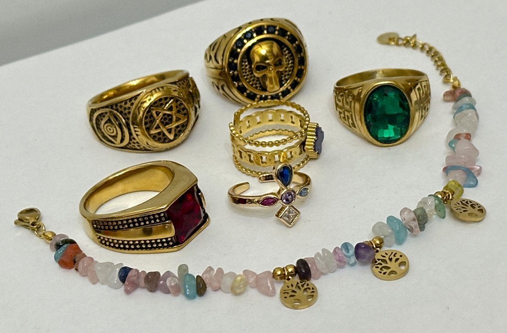 6个宗教戒指,带有拉丁十字架、David星、骷髅和魔法水晶。 - 戒指 - 低过敏性金属 #2.1